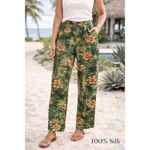 Anne Carson Green 100% Silk Tropical Print Cropped Pants Size 10 Lined Pockets